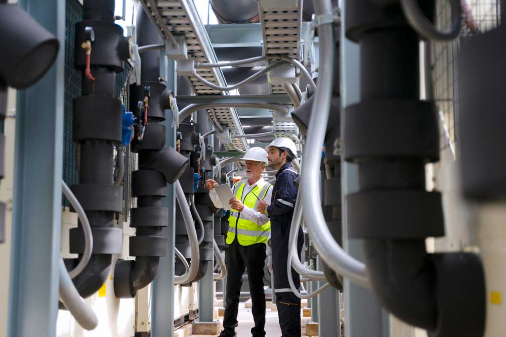 Två ingenjörer arbetar tillsammans på ett industriellt tak omgivna av avancerad teknisk utrustning inklusive luftkonditioneringssystem, kyltak, rör och lagringskärl