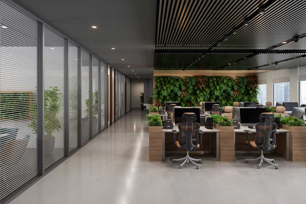 En modern kontorsmiljö i öppen planlösning med elegant skandinavisk design
