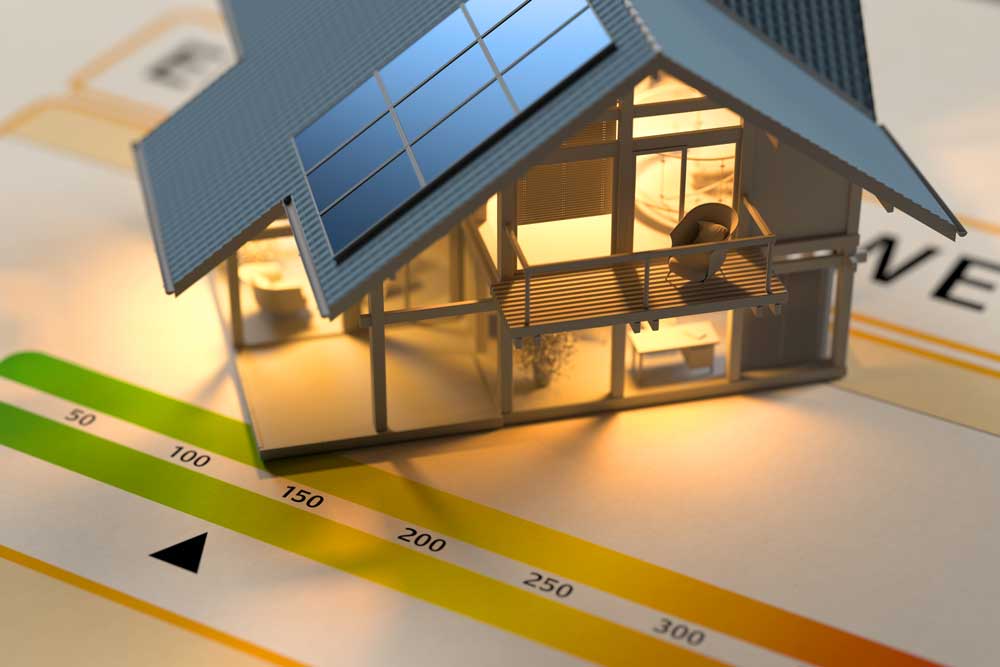 En belyst arkitekturmodell av ett modernt hus med solpaneler på taket är placerad på energipass-dokument med färgkodad skala från grönt till rött