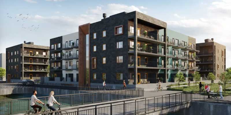 Illustration av nybyggda flerbostadshus i mörk skiffer med balkonger, vid ett kanalstråk där människor cyklar och går