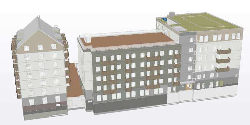 3D-modell av ett flerbostadshus i flera sammanbyggda delar med balkonger och gröntak