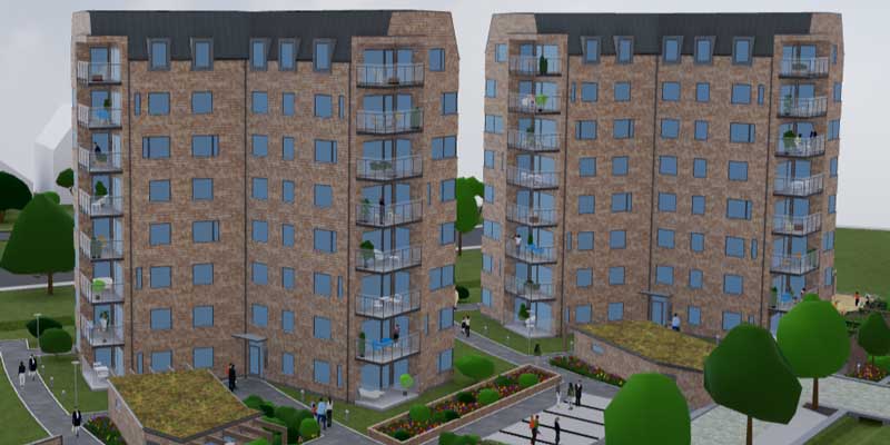 Illustration av två åttavåningshus i tegel med balkonger, omgivna av gröna innergårdar och planteringar