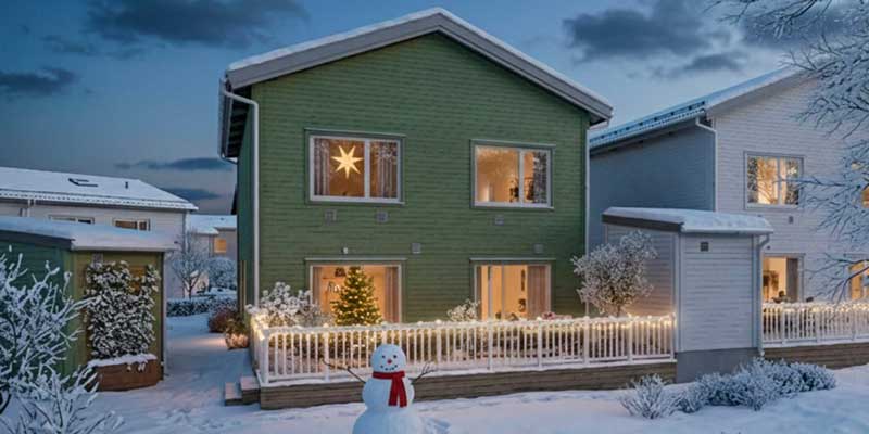 Grönt trähus i skymning med julbelysning, snö och en snögubbe i trädgården