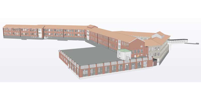3D-modell av en vinkelformad skolbyggnad i tegel med innergård