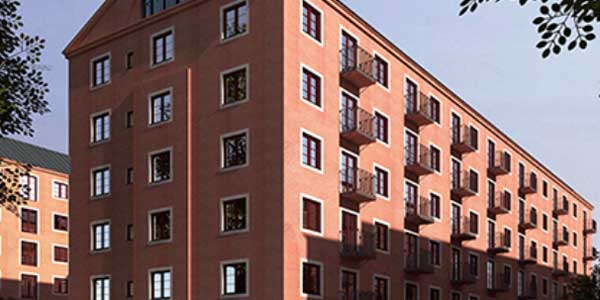 Illustration av ett rött tegelhus i flera våningar med balkonger