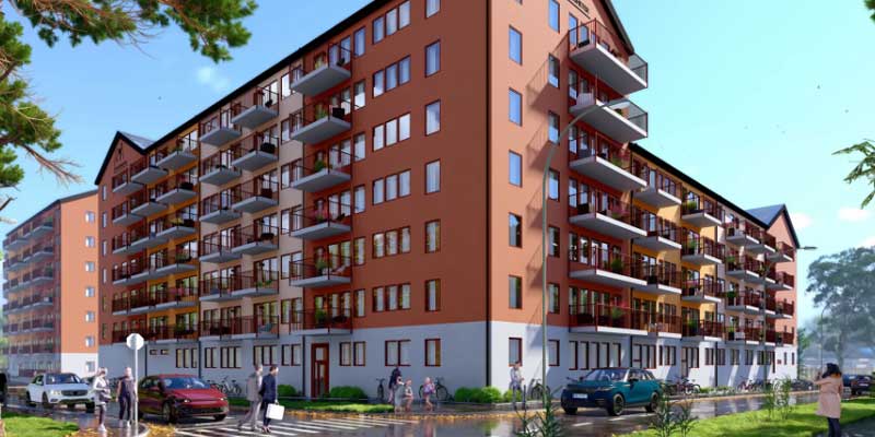 Illustration av ett rött och grått flerbostadshus med balkonger, bilar och gående i förgrunden
