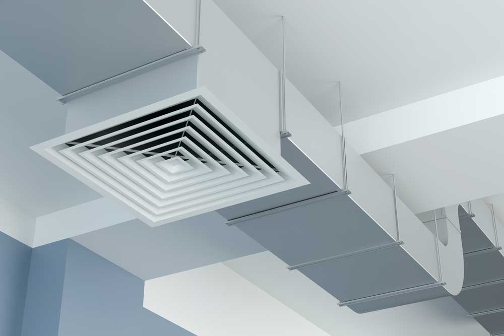 En detaljerad tredimensionell illustration som visar ett modernt ventilationssystem inomhus
